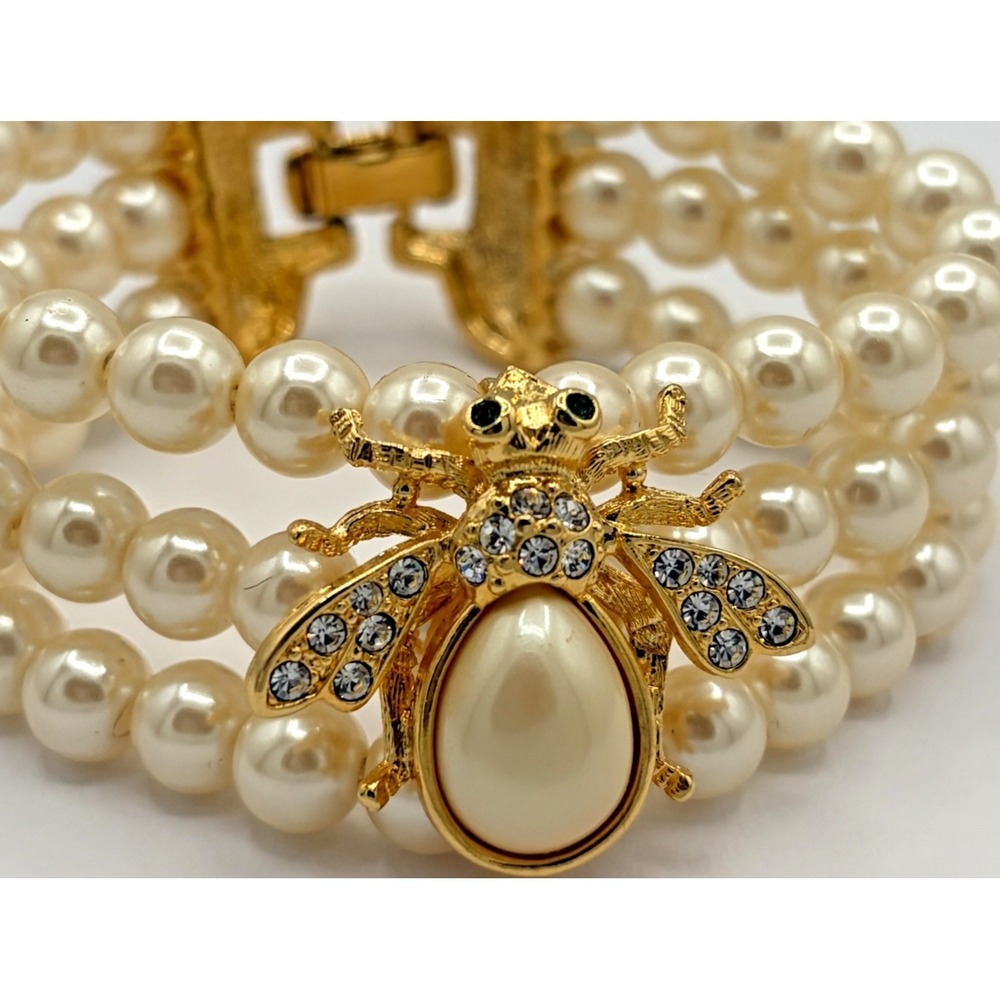 Joan Rivers Pearl Bee Bracelet 3 Strand Clear Rhinestone Gold Tone with Box